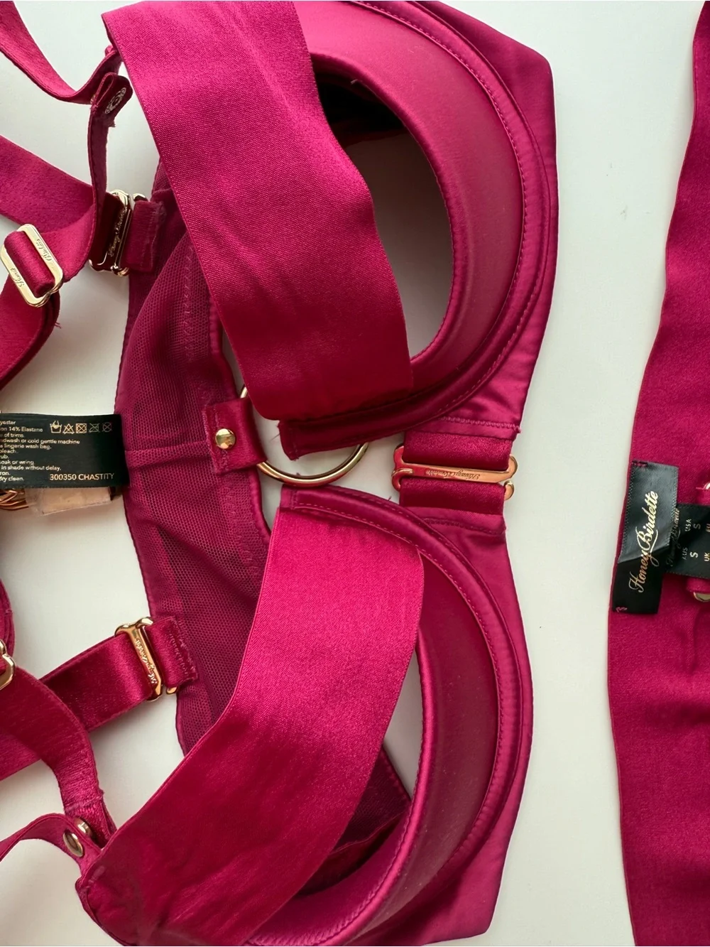 New Honey birdette Set Red Chastity Strap Satin Harness Bra 10dd 32 dd e panty S